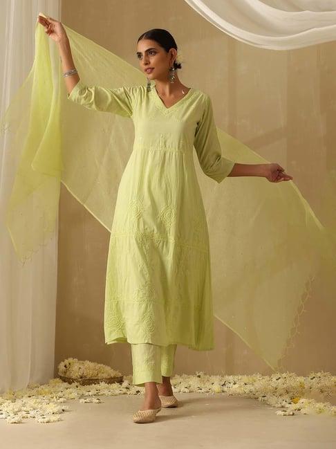 okhai light green embroidered pure cotton kurta with pant & dupatta