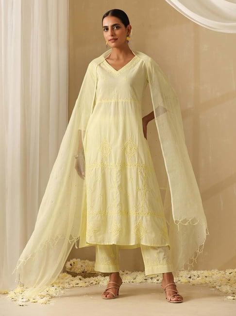 okhai light yellow embroidered pure cotton kurta with pant & dupatta