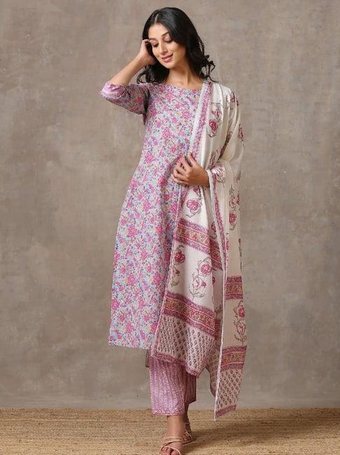 okhai lily purple pure cotton floral print kurta pant set with dupatta