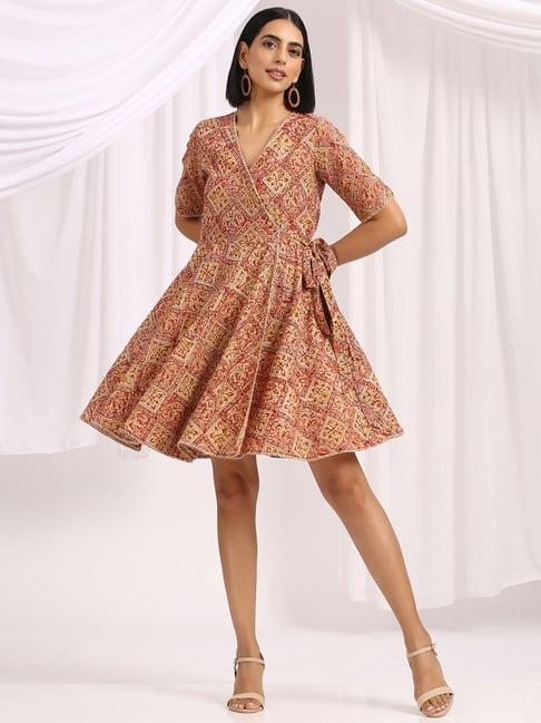 okhai mahtab rust pure cotton printed a-line wrap dress