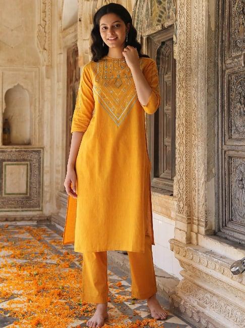 okhai marigold yellow pure cotton hand embroidered kurta pant set
