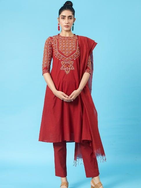 okhai monarch maroon pure cotton hand embroidered kurta pant set with dupatta