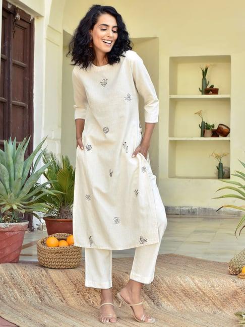 okhai off white cotton embroidered kurta pant set