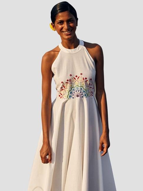 okhai panorama white pure cotton hand embroidered a-line dress