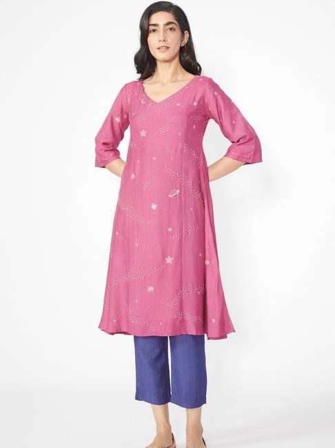 okhai pink embroidered kurta & pant with dupatta set