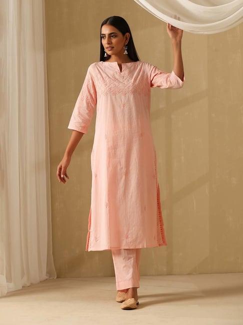 okhai pink embroidered pure cotton kurta pant set