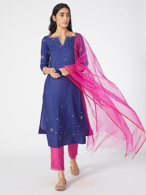 okhai purple embroidered kurta & pant with dupatta set