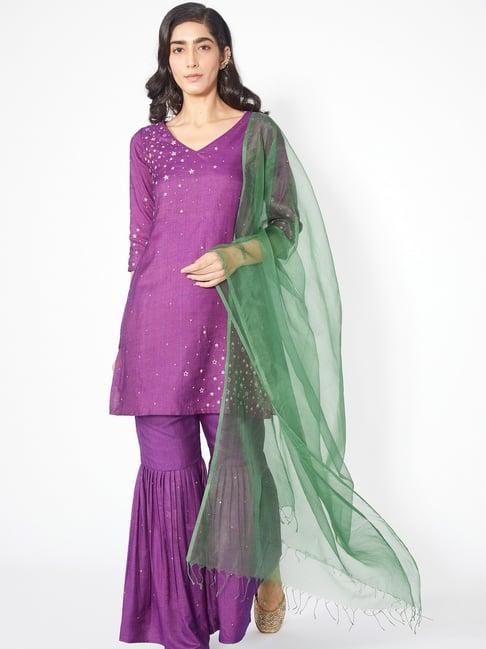 okhai purple embroidered kurta & pant with dupatta set