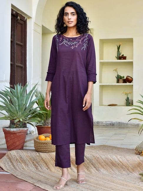 okhai purple hand embroidered kurta pant set