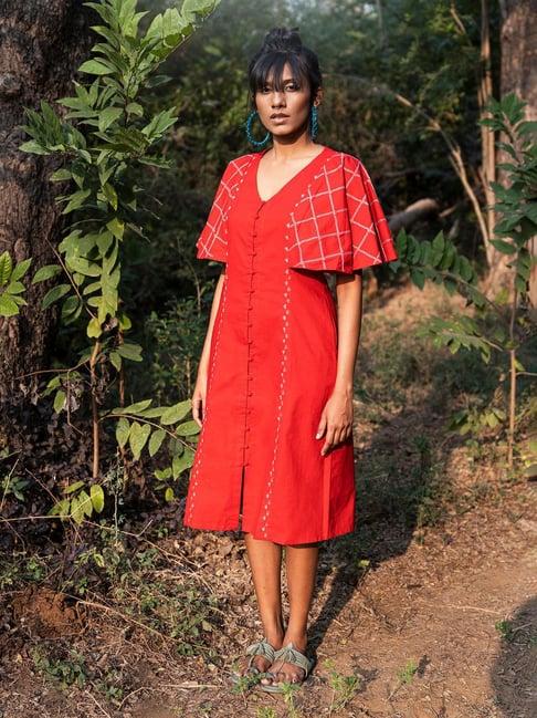 okhai red hand embroidered a-line dress