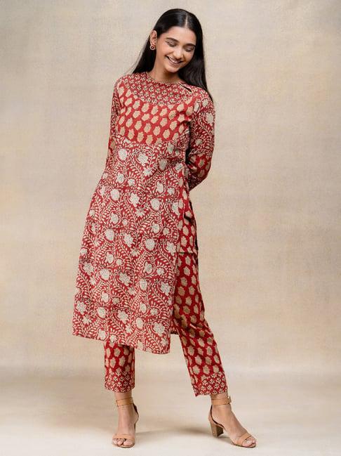 okhai red printed pure cotton kurta pant set
