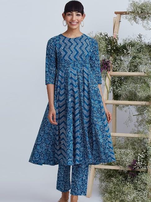 okhai sea shell blue pure cotton printed kurta pant set