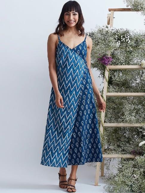 okhai shore blue pure cotton printed a-line wrap dress