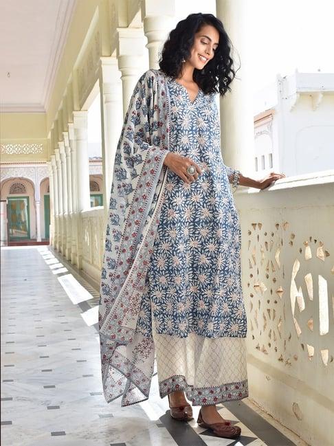 okhai silver pearl printed kurta pant dupatta set