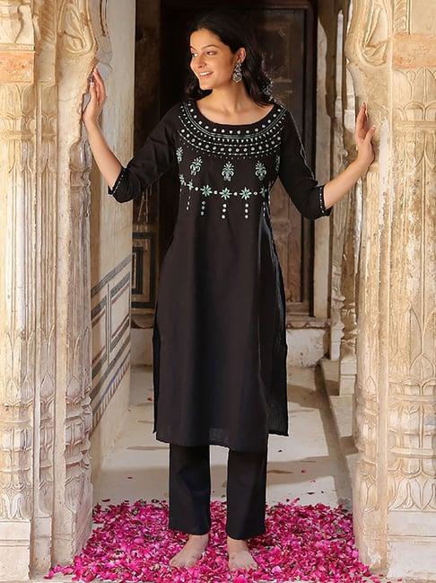 okhai sleeping beauty black pure cotton hand embroidered kurta pant set