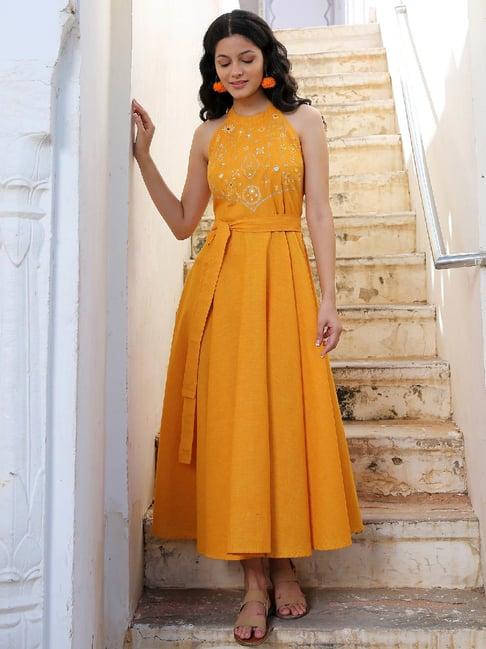 okhai star lily yellow pure cotton hand embroidered maxi dress