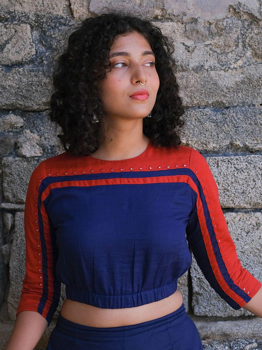 okhai striped embroidered pure cotton blouson crop top