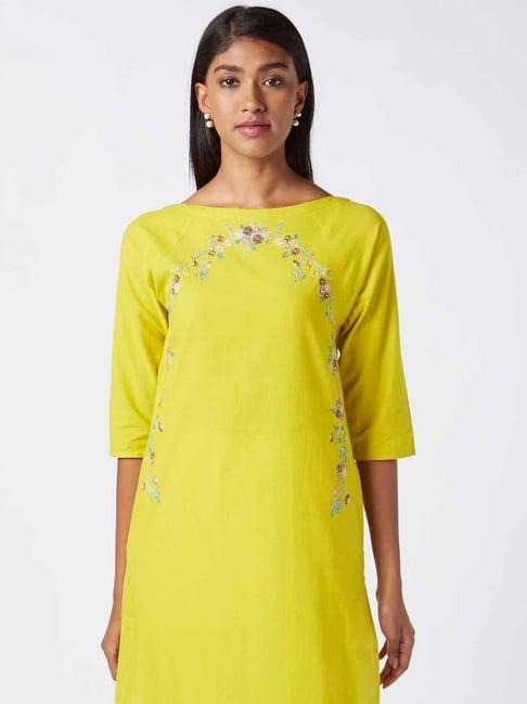 okhai surya yellow pure cotton hand embroidered straight kurta