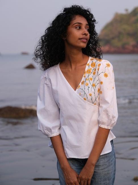 okhai tuscan gold white pure cotton hand embroidered wrap top