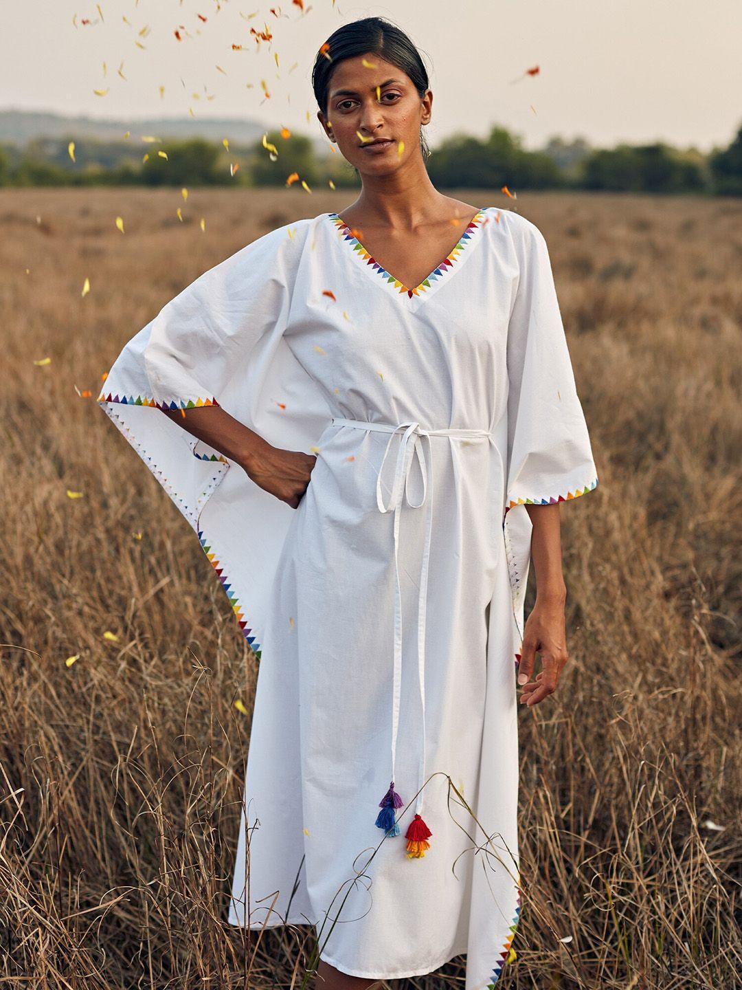 okhai v neck embroidered pure cotton kaftan dress