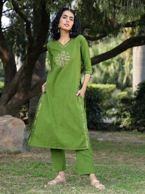 okhai vision green pure cotton hand embroidered kurta pant set