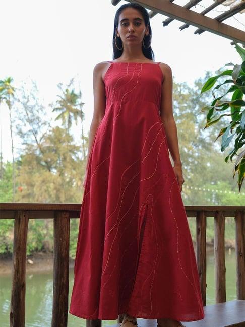 okhai wave splash red pure cotton hand embroidered maxi dress