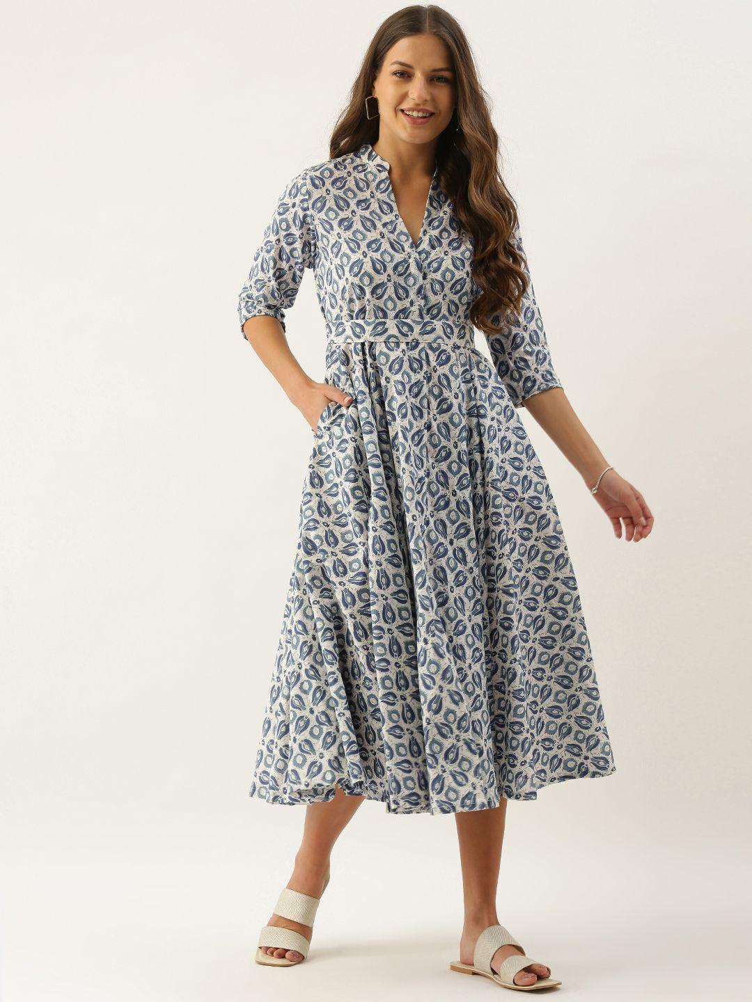 okhai white & blue pure cotton handblock print a-line midi dress