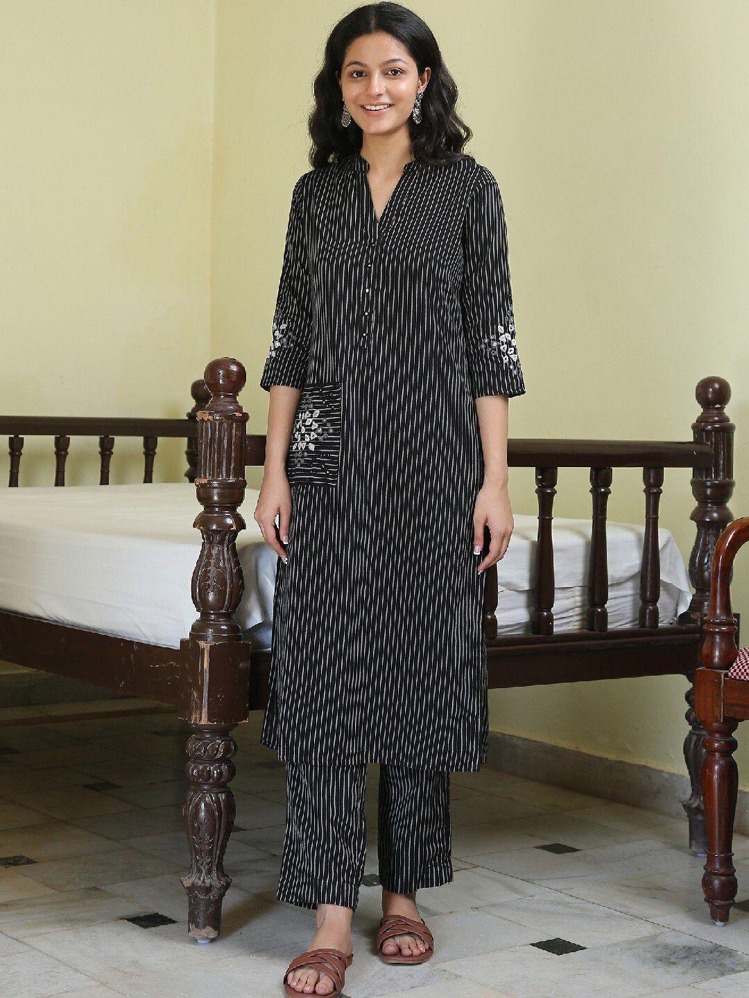 okhai women black striped thread work pure cotton kurta with trousers
