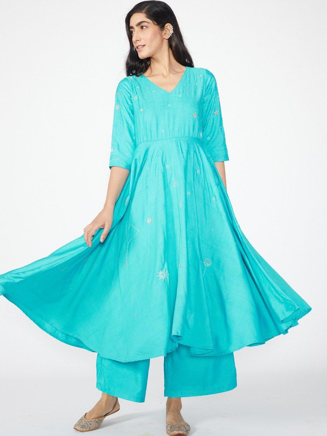 okhai women blue empire kurti with trousers & with dupatta