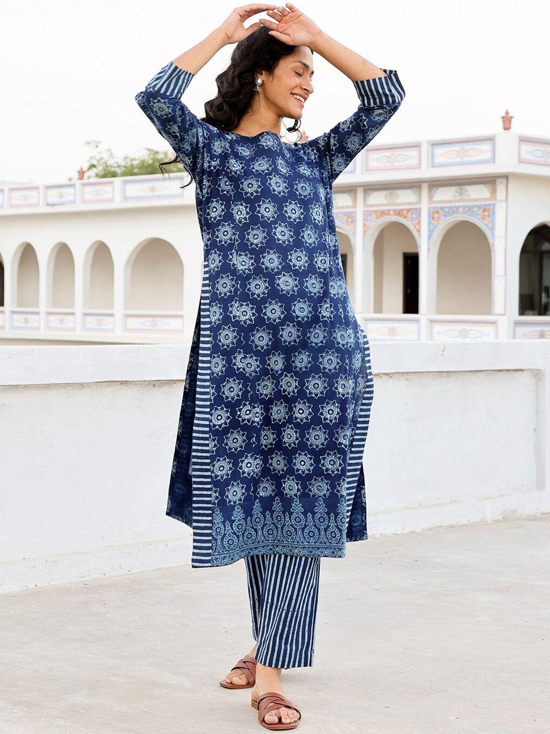 okhai women blue ethnic motifs printed regular pure cotton kurta with trousers