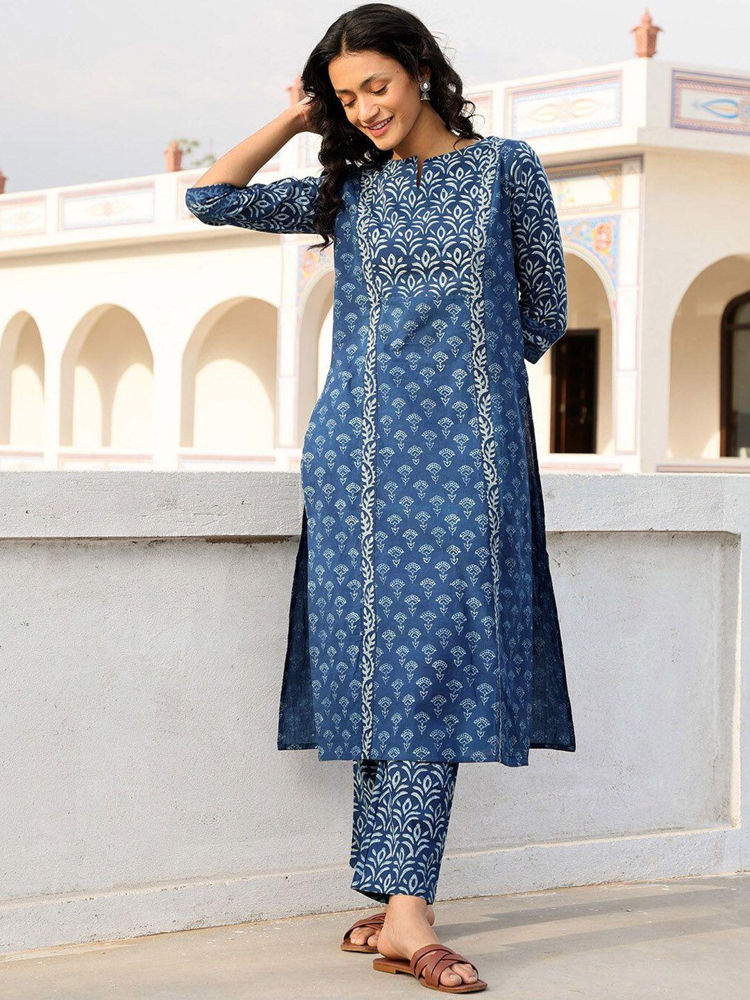 okhai women blue floral printed regular pure cotton kurta with trousers