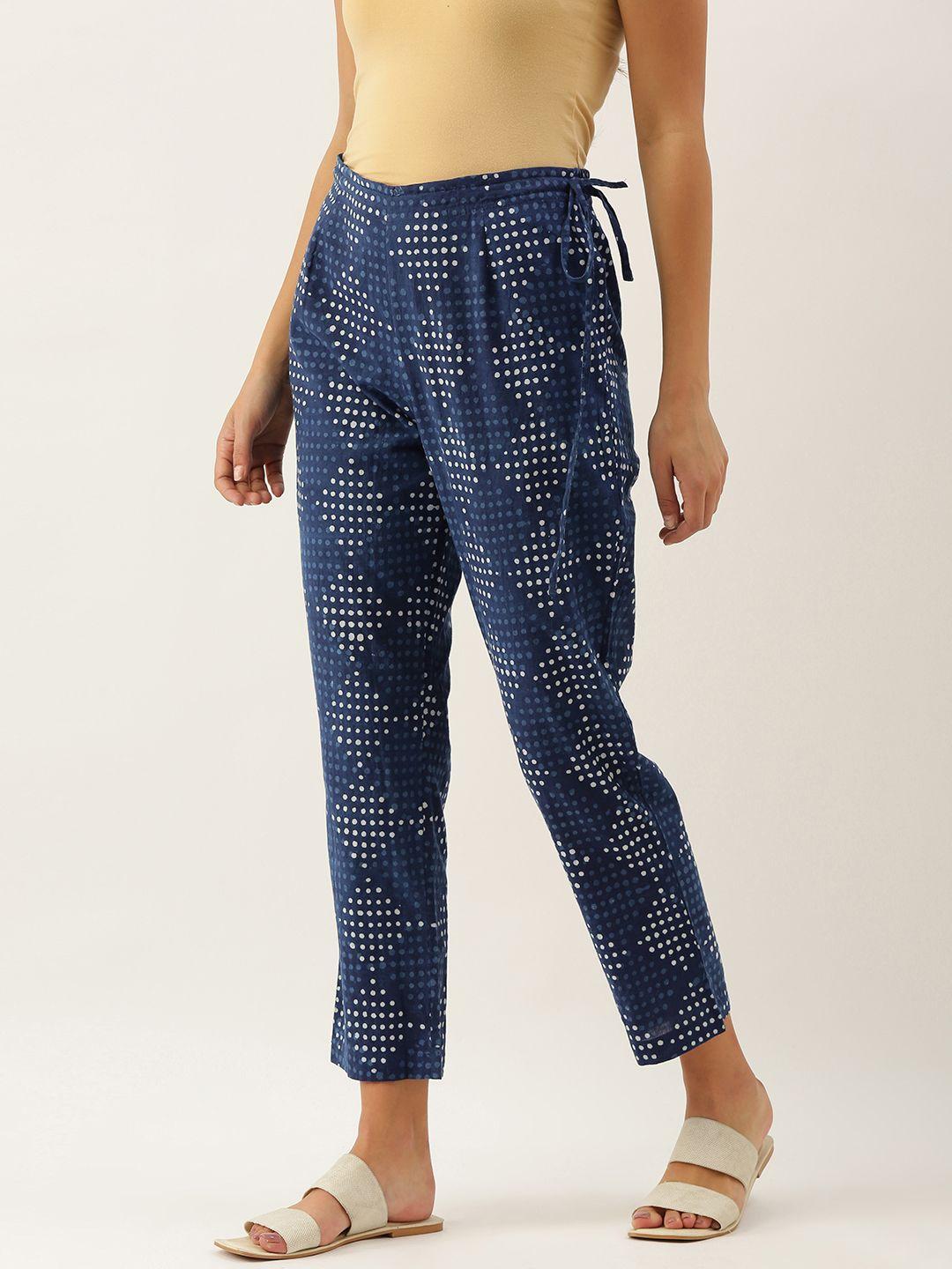 okhai women blue pure linen handblock print cropped trousers