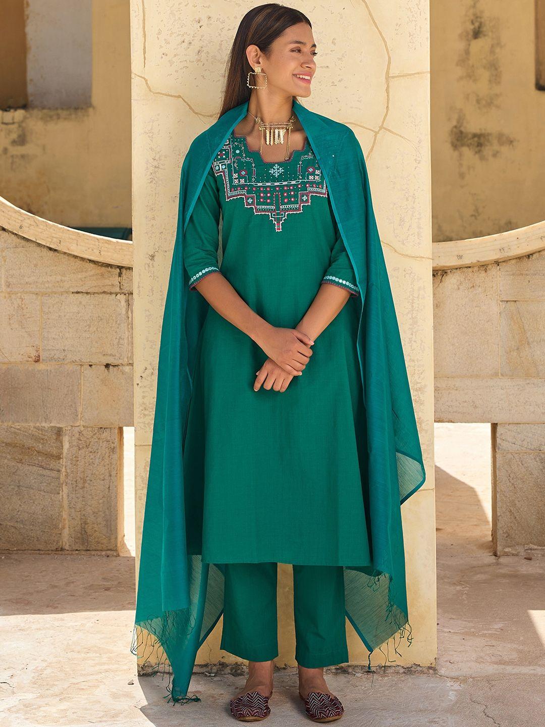 okhai women green ethnic motifs yoke design regular mirror work pure cotton kurta with trousers & with