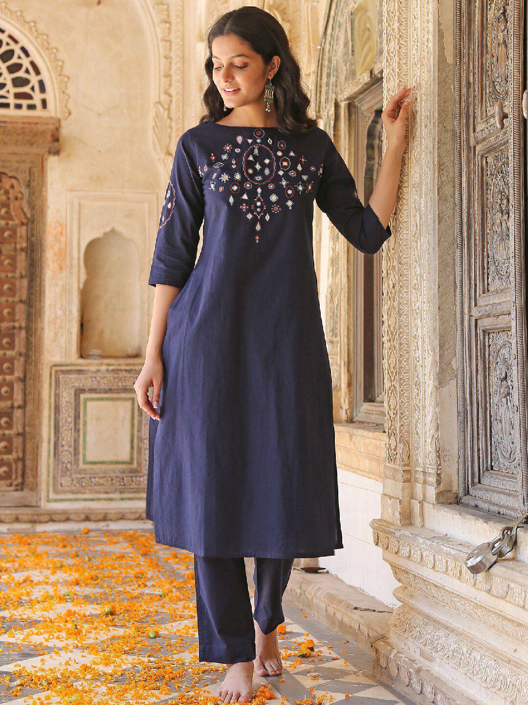 okhai women navy blue embroidered mirror work pure cotton kurta with trousers