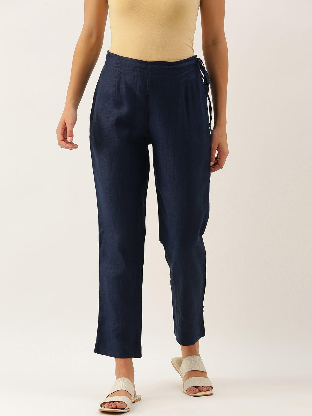 okhai women navy blue pure linen solid cropped trousers