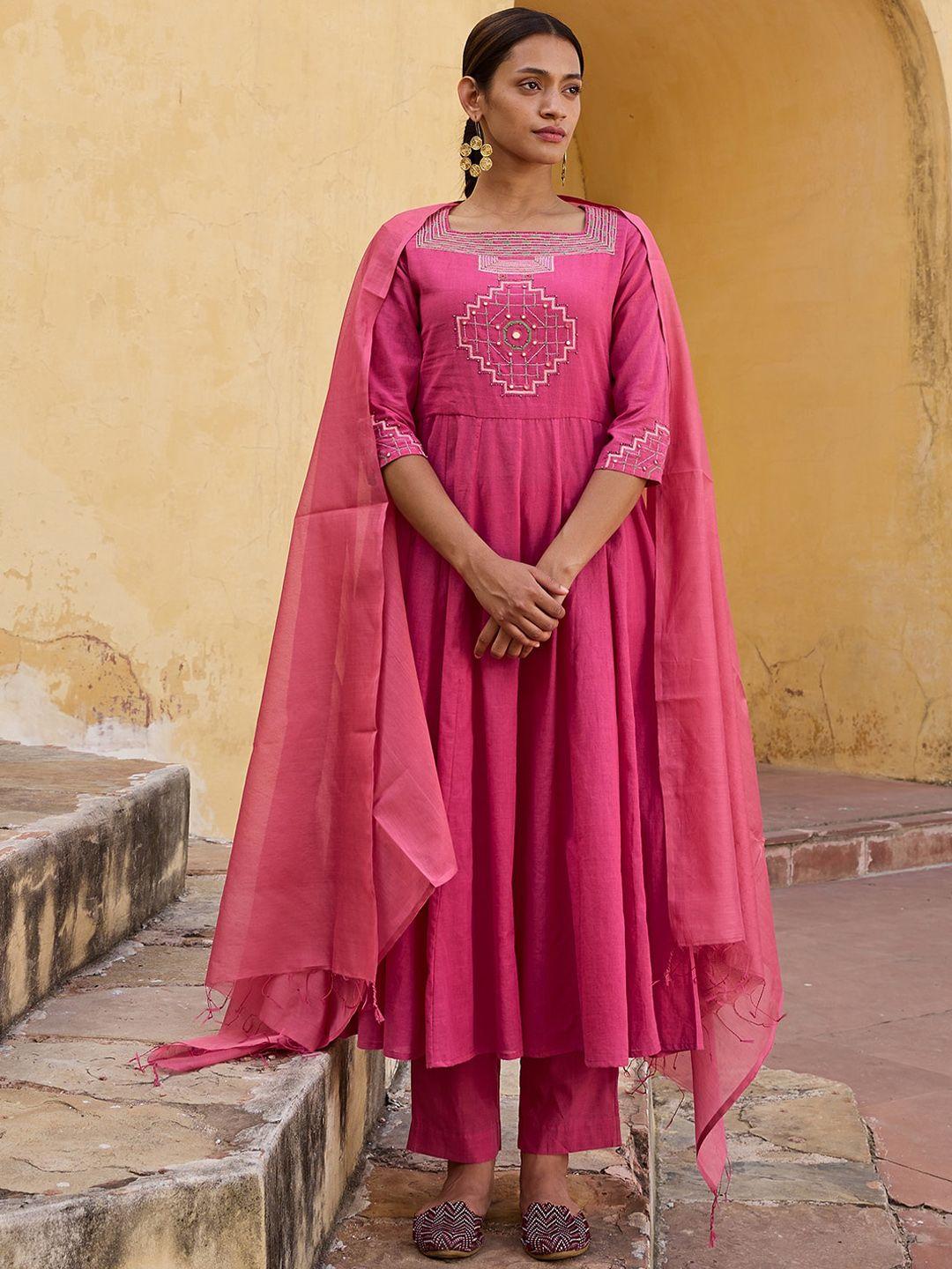 okhai women pink ethnic motifs embroidered regular mirror work pure cotton kurta with trousers & with dupatta