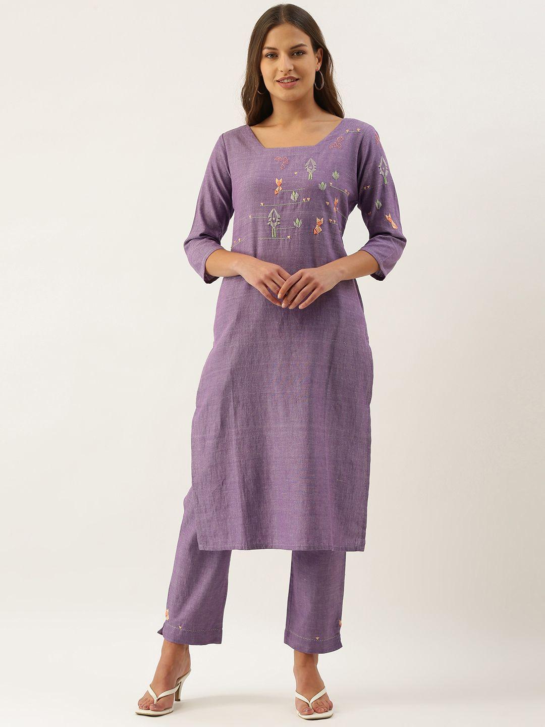 okhai women purple ethnic motifs embroidered pleated pure cotton kurta with trousers