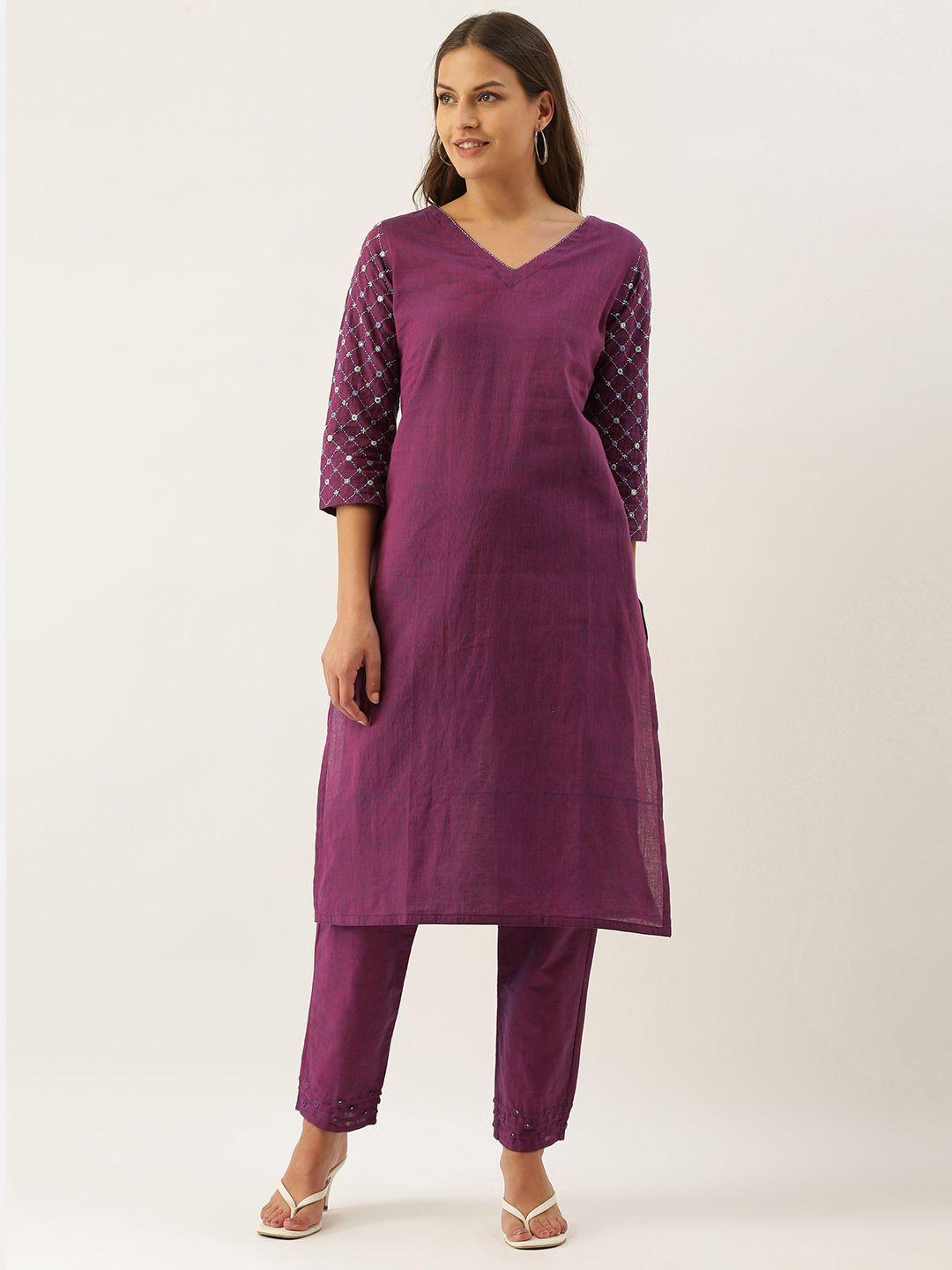 okhai women purple pure cotton mirror work kurta with trousers