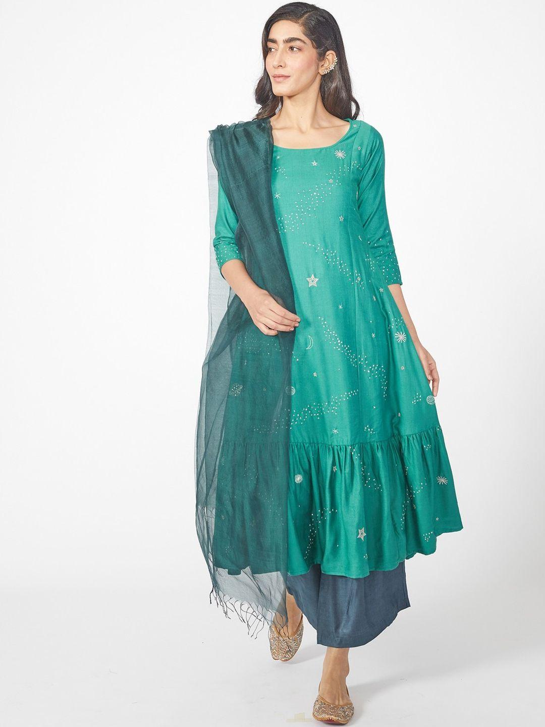 okhai women sea green embroidered pleated kurta with trousers & with dupatta