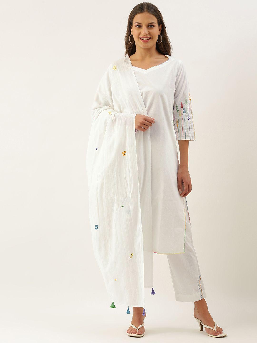 okhai women white pleated thread work pure cotton kurta with trousers & dupatta