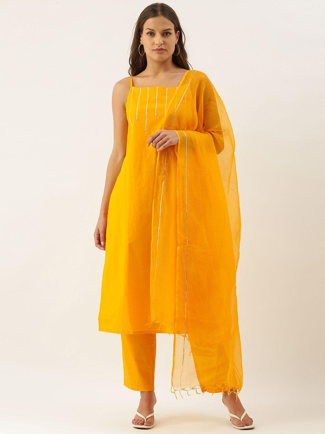 okhai women yellow yoke design gotta patti pure cotton kurta with trousers & dupatta