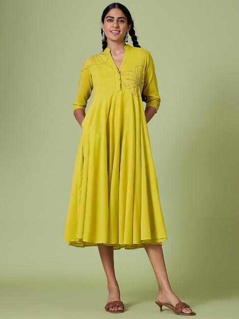 okhai yellow hand embroidered fit & flare dress