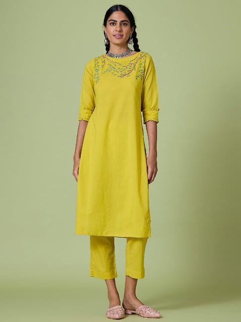 okhai yellow hand embroidered straight kurta