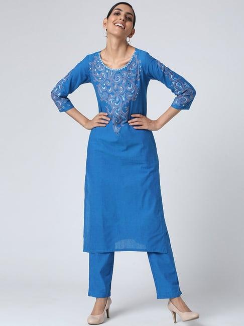 okhai zaina royal blue pure cotton hand embroidered kurta pant set