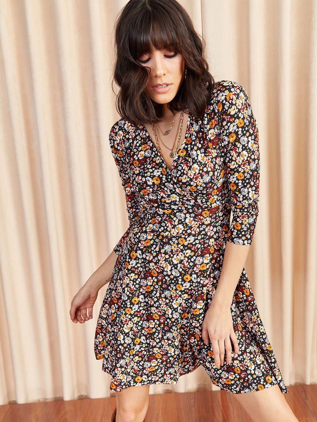 olalook floral printed v-neck fit and flare mini dress