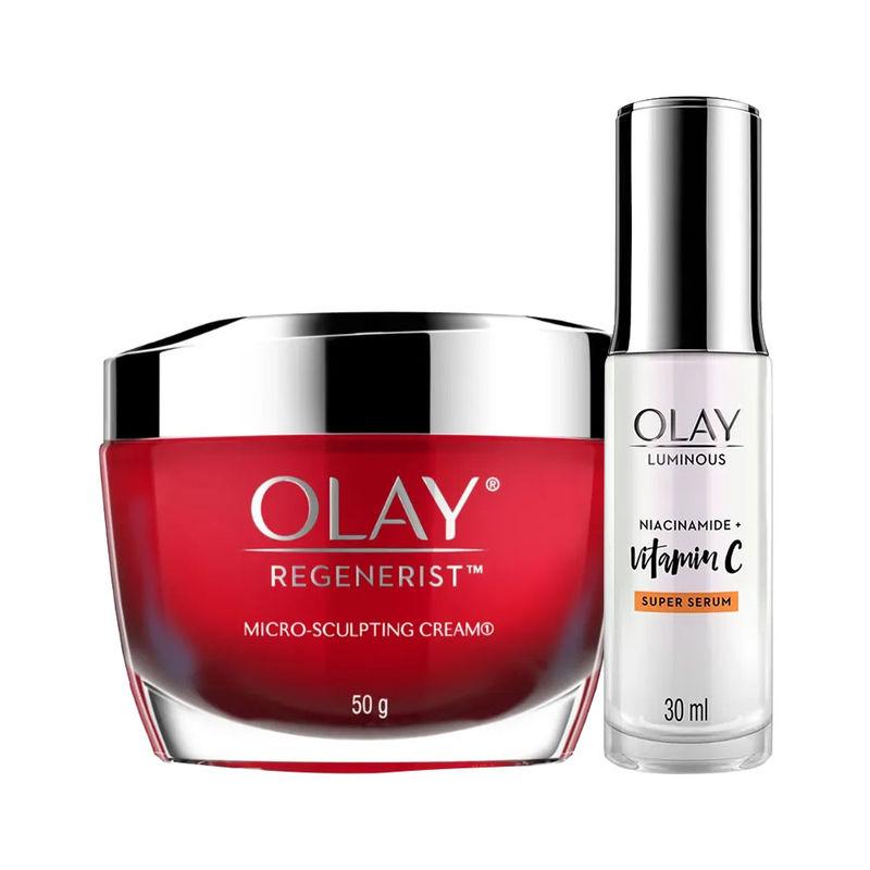 olay 2x glow booster with vitamin c serum + regenerist microsculpting day moisturizer