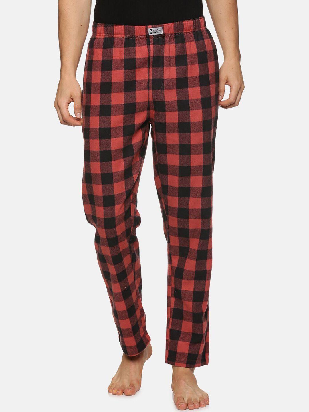 old grey men checked cotton mid-rise straight lounge pants