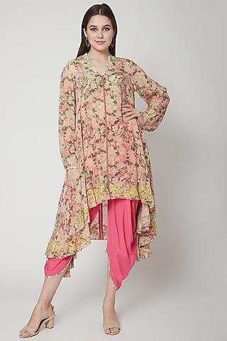 old rose pink & yellow floral printed tunic with pants