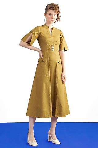 old gold cotton poplin midi shirt dress