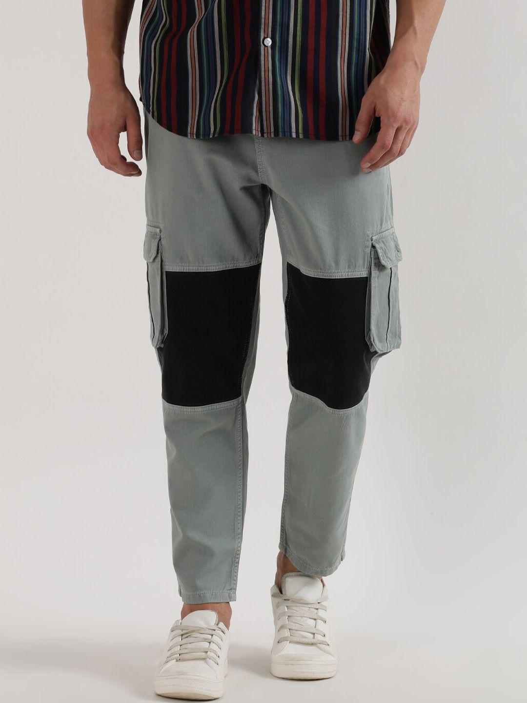 old grey men colourblocked mid-rise denim cotton cargo trouser